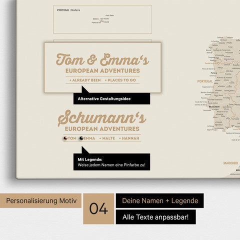 Europa Landkarte als Leinwand in Gold mit Personalisierung als Logo mit Familiennamen und Legende für Orte, die man bereits besucht hat und noch besuchen möchte