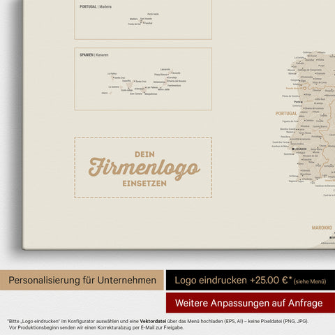 Europa Landkarte Pinnwand in Gold mit Eindruck eines Firmenlogos für Unternehmen
