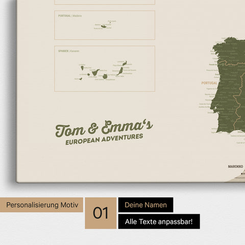 Landkarte von Europa als Pinnwand Leinwand in Olive Grün mit Personalisierung und Namen in einer modernen Schreibschrift