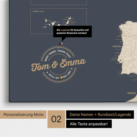 Europakarte Pinn-Leinwand in Hale Navy (Blau-Gold) mit Personalisierung als rundes Logo, das eine Legende für bereits besuchte Reiseziele im Rundtext beinhaltet