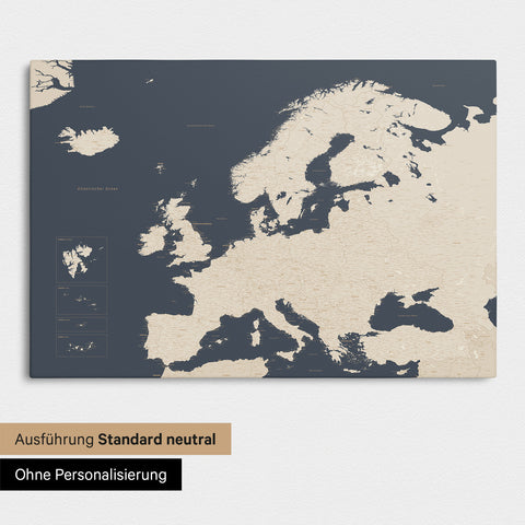Neutrale Standard Ausführung der detaillierten Europakarte als Pinnwand Leinwand in Hale Navy (Blau-Gold) ohne Personalisierung