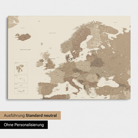 Neutrale Standard Ausführung der detaillierten Europakarte als Pinnwand Leinwand in Multicolor Braun ohne Personalisierung