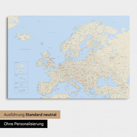 Neutrale Standard Ausführung der detaillierten Europakarte als Pinnwand Leinwand in Multicolor Classic ohne Personalisierung