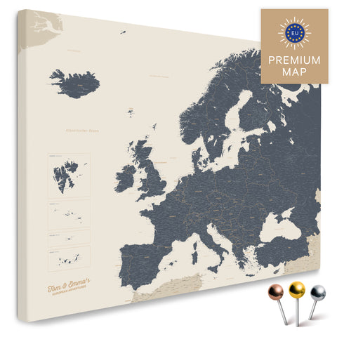 Europakarte in der Farbe Navy Light in einem modernen, minimalistischem Design als Leinwand zum Pinnen von Reisen und Orten