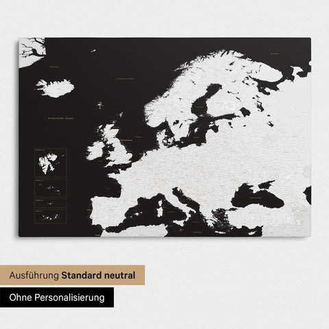 Neutrale Standard Ausführung der detaillierten Europakarte als Pinnwand Leinwand in Schwarz-Weiss ohne Personalisierung