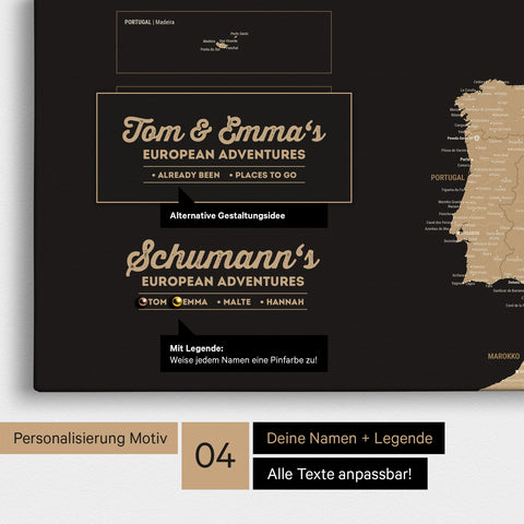 Europa Landkarte als Leinwand in Treasure Gold mit Personalisierung als Logo mit Familiennamen und Legende für Orte, die man bereits besucht hat und noch besuchen möchte
