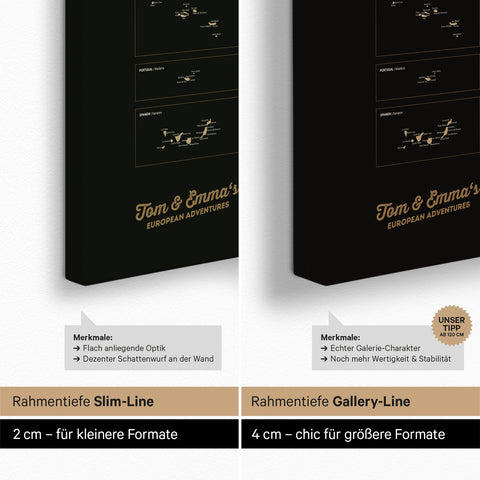 Europa-Karte TRAVEL® Pinn-Leinwand – Sonar Black (Schwarz-Gold)
