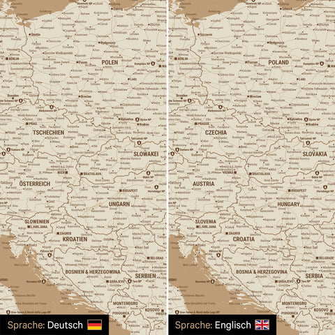 Europa Landkarte Design in Treasure Gold wahlweise in deutscher oder englischer Sprache