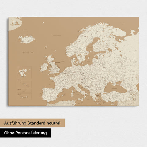 Neutrale Standard Ausführung der detaillierten Europakarte als Pinnwand Leinwand in Treasure Gold ohne Personalisierung