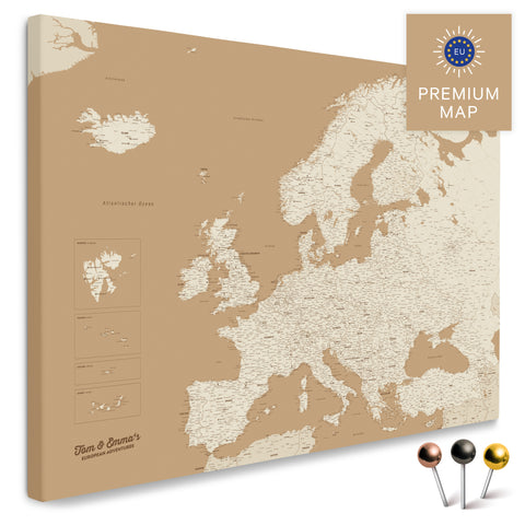 Europakarte in der Farbe Treasure Gold in einem modernen, minimalistischem Design als Leinwand zum Pinnen von Reisen und Orten