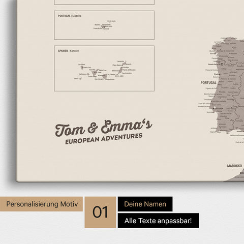 Landkarte von Europa als Pinnwand Leinwand in Warmgray (Braun-Grau) mit Personalisierung und Namen in einer modernen Schreibschrift