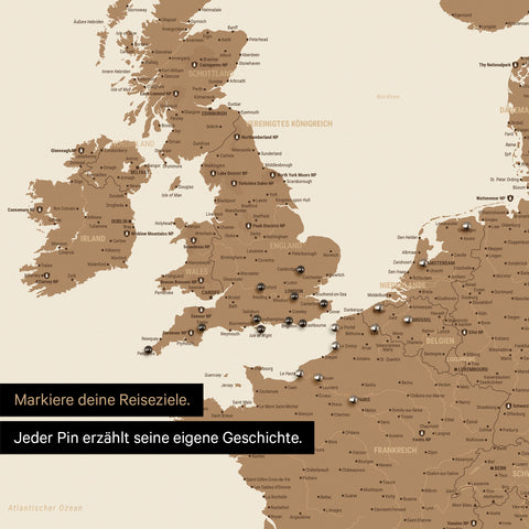 Pinnen von Reisezielen auf Europa Karte als Poster in Bronze