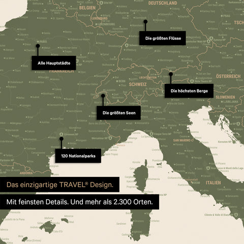 Robustes Poster als Europa Karte in Olive Green zum Pinnen von Reisen