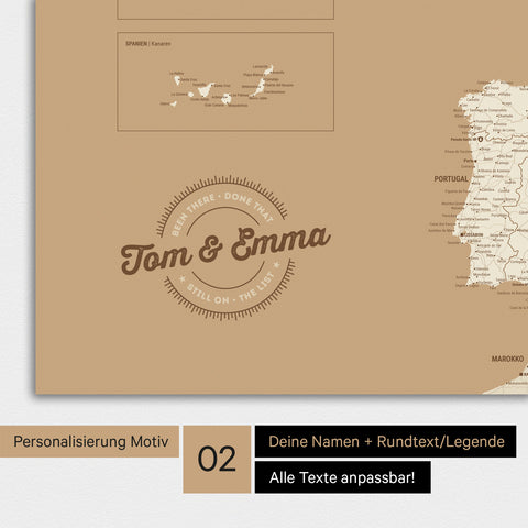 Landkarte von Europa als Poster in Treasure Gold mit Personalisierung als rundes Logo, das eine Legende für bereits besuchte Reiseziele im Rundtext beinhaltet