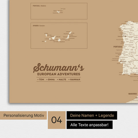 Europakarte als Poster in Treasure Gold mit Personalisierung als Logo mit Familiennamen und Legende für Orte, die man bereits besucht hat und noch besuchen möchte