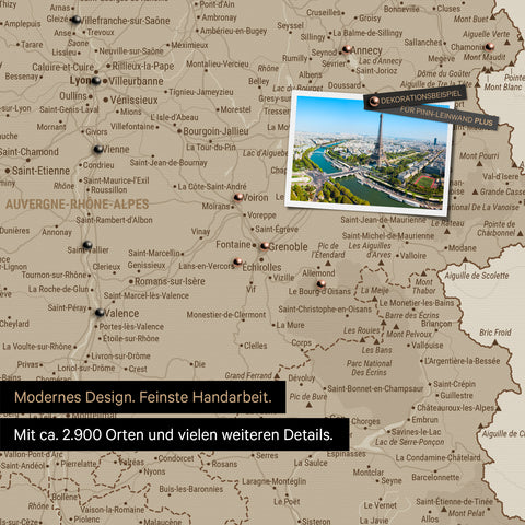 France map in Desert Sand as canvas for pinning shows a section of Auvergne-Rhone-Alpes with many details such as national parks, rivers, and numerous small towns and cities, some of which are marked with pins