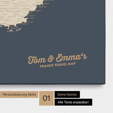 Landkarte von Frankreich als Pinnwand Leinwand in Hale Navy mit Personalisierung und Namen in einer modernen Schreibschrift