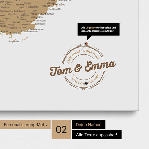 Frankreich-Karte Pinn-Leinwand in Multicolor Beige mit Personalisierung als rundes Logo, das eine Legende für bereits besuchte Reiseziele im Rundtext beinhaltet