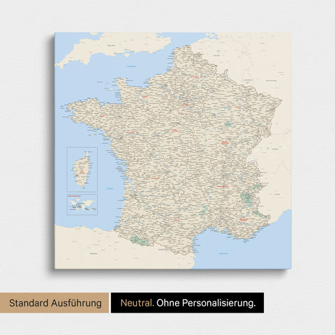 Neutrale Standard Ausführung der detaillierten Frankreich-Karte als Pinnwand Leinwand in Multicolor Classic ohne Personalisierung