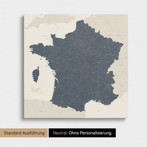 Neutrale Standard Ausführung der detaillierten Frankreich-Karte als Pinnwand Leinwand in Navy Light ohne Personalisierung