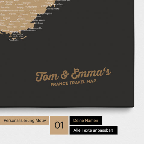 Landkarte von Frankreich als Pinnwand Leinwand in Sonar Black mit Personalisierung und Namen in einer modernen Schreibschrift