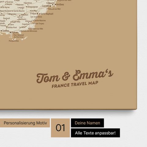 Landkarte von Frankreich als Pinnwand Leinwand in Treasure Gold mit Personalisierung und Namen in einer modernen Schreibschrift