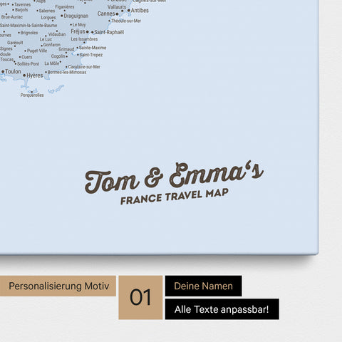 Politische Landkarte von Frankreich als Pinnwand Leinwand in Multicolor Grau mit Personalisierung und Namen in einer modernen Schreibschrift