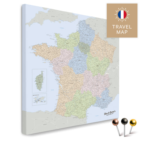 Political map of France in a modern, minimalist design as a canvas for pinning trips and places