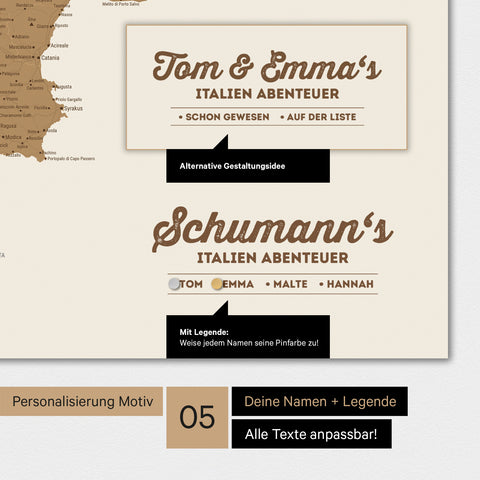 Magnetboard Italien-Karte mit Personalisierung als Logo mit Familiennamen