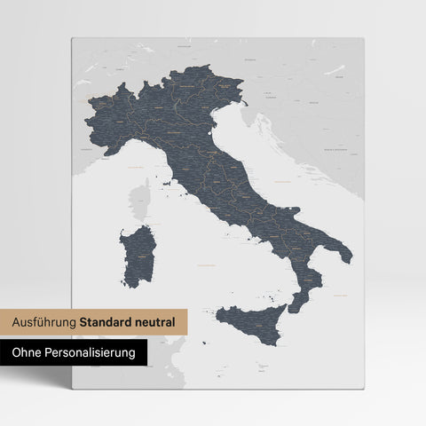 Neutral standard Version of the detailed Italy map as a pinboard canvas in denim blue without personalization
