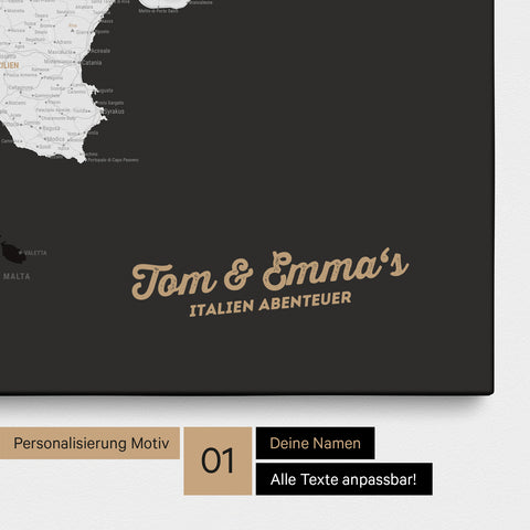 Map of Italy as a pinboard canvas in black and white with personalization and name in a modern script font