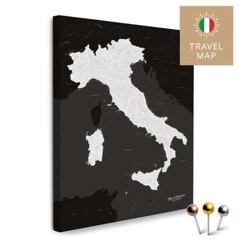 Italy map in black and white color in a modern, minimalist design as a canvas for pinning trips and places