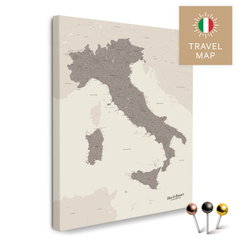 Italy map in the color Warmgray (brown-gray) in a modern, minimalist design as a canvas for pinning trips and places