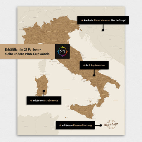Italy Map TRAVEL® Premium Poster – in 21 Colors