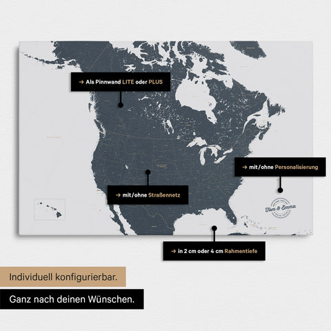 Vielfältige Konfigurationsmöglichkeiten einer Kanada & USA Landkarte als Pinn-Leinwand in Farbe Denim Blue