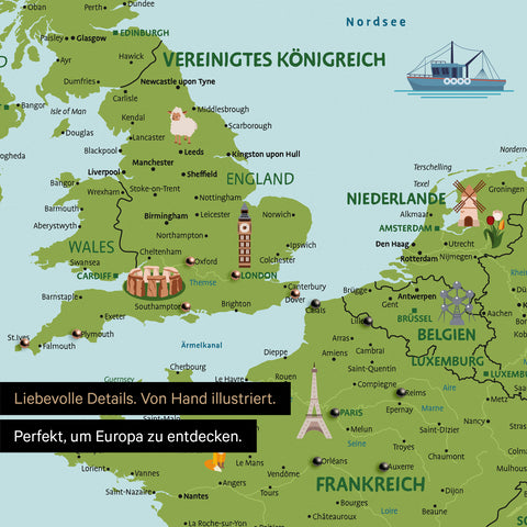 Ausschnitt einer Kinder-Europakarte als Pinn-Leinwand in Farbe Classic zeigt Frankreich und England mit Illustrationen von Stonehenge, dem Eiffelturm und Big Ben