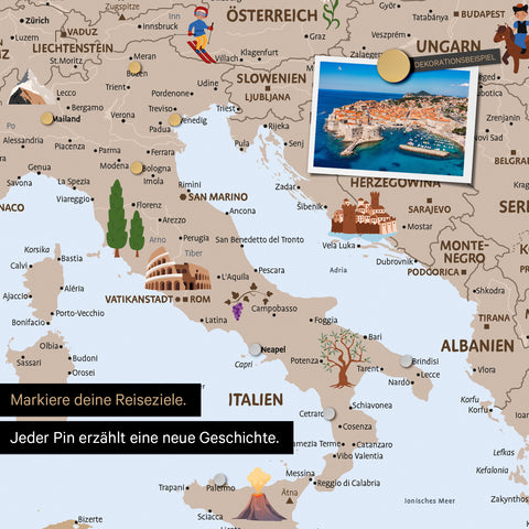 Ausschnitt einer Kinder-Europakarte als Magnetboard in Farbe Brown zeigt Pins von Reisezielen in Italien