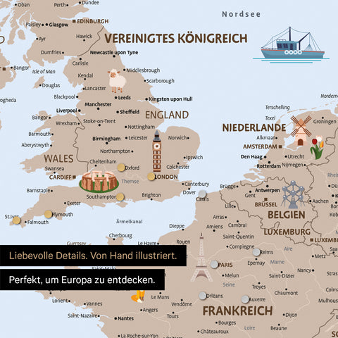 Ausschnitt einer magnetischen Kinder-Europakarte als Magnetboard in Farbe Brown zeigt Pins von Reisezielen in Frankreich und England