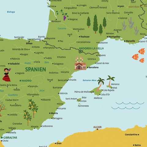Section of a children's Europe map as a poster in Classic color shows Spain with illustrations