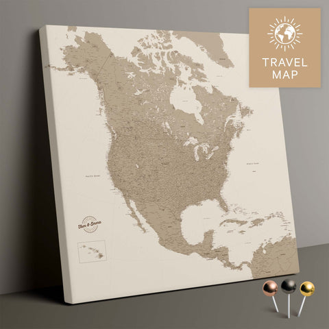 Nordamerika Landkarte in Desert Sand (Beige) mit sehr hohem Detailgrad als Pinnwand Leinwand zum Pinnen und Markieren von Reisezielen kaufen