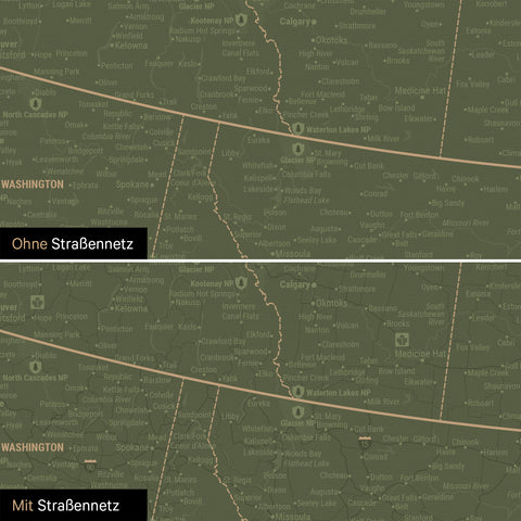 Nordamerika Karte Pinn-Leinwand in Olive Green optional mit dem Straßennetz der größten Highways und Interstates