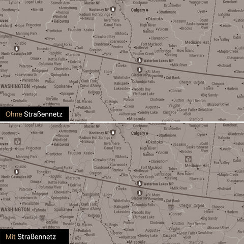 Nordamerika Karte Pinn-Leinwand in Warmgray (Braun-Grau) optional mit dem Straßennetz der größten Highways und Interstates