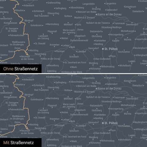 Österreich-Karte Leinwand in Denim Blue wahlweise mit oder ohne Straßennetz