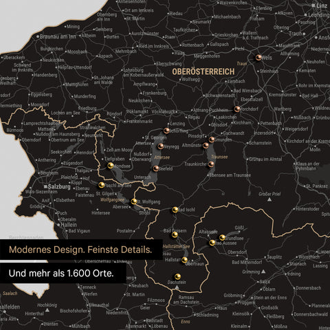 Ausschnitte einer Österreichkarte mit dem Salzkammergut und der Steiermark als Pinn-Leinwand in Light Black mit 1.600 Orten