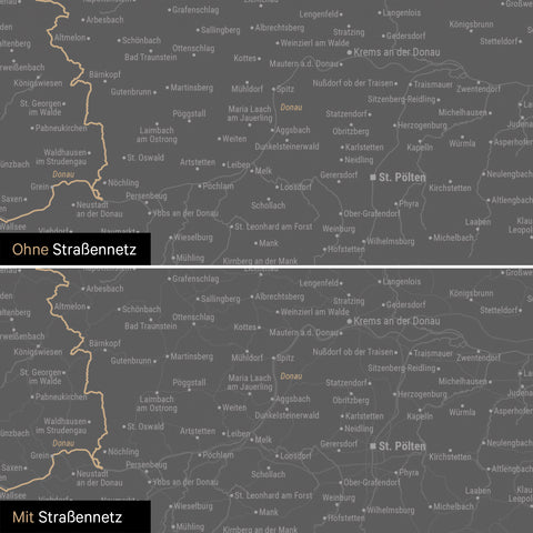 Österreich-Karte Leinwand in Light Gray wahlweise mit oder ohne Straßennetz