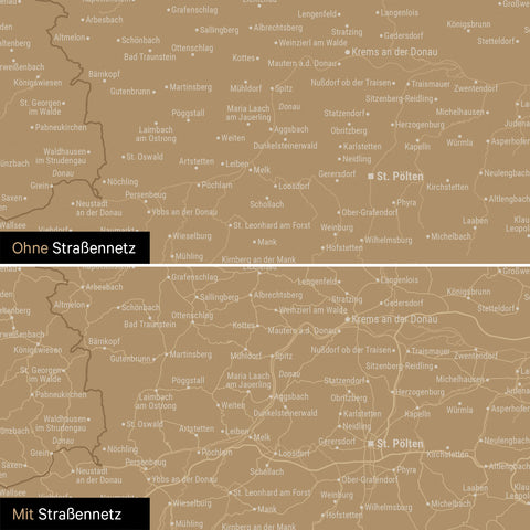 Österreich-Karte Leinwand in Sonar Black (Schwarz Gold) wahlweise mit oder ohne Straßennetz