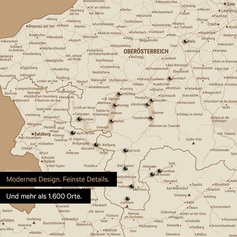 Ausschnitte einer Österreichkarte mit dem Salzkammergut und der Steiermark als Pinn-Leinwand in Treasure Gold mit 1.600 Orten