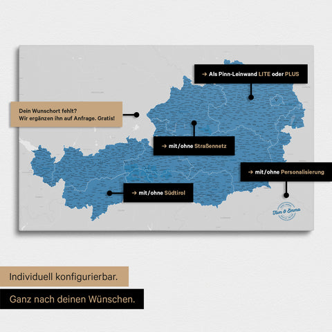 Konfigurationsmöglichkeiten einer Österreich-Landkarte mit Südtirol als Pinn-Leinwand in Blau 