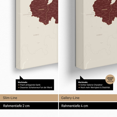 Österreich-Karte TRAVEL® Pinn-Leinwand – Bordeaux Red