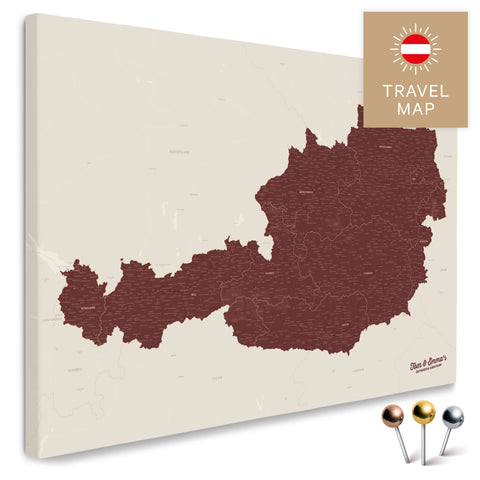 Österreich-Karte in Bordeaux Rot als Pinnwand Leinwand zum Pinnen und Markieren von Reisezielen kaufen